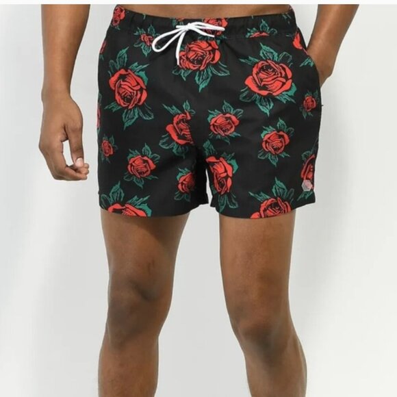 Empyre Swim Trunks Mens Medium Red Rose Board Shorts Black Drawstring‎ - Picture 1 of 14